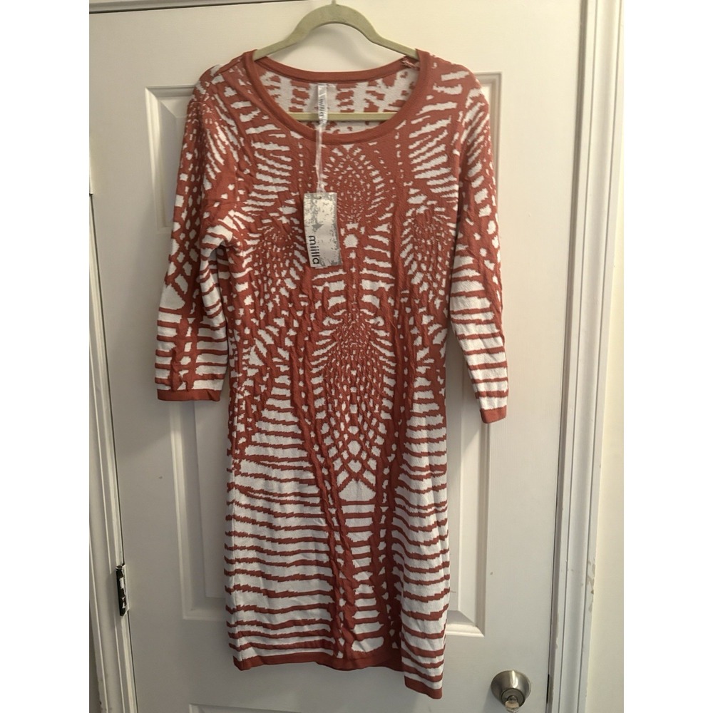 Miilla Knit Shift Dress Womens Medium Rust Ivory Minimalist Casual Chic Size Lrg